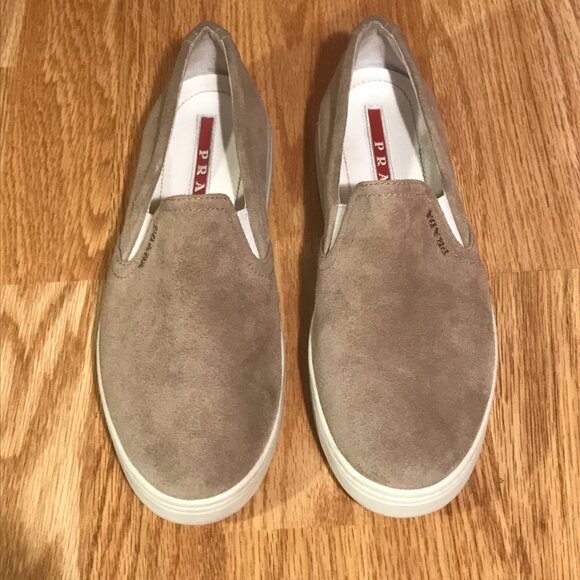 Prada Tan Suede Leather Slip on Sneaker Loafers Size 7 - Picture 2 of 12